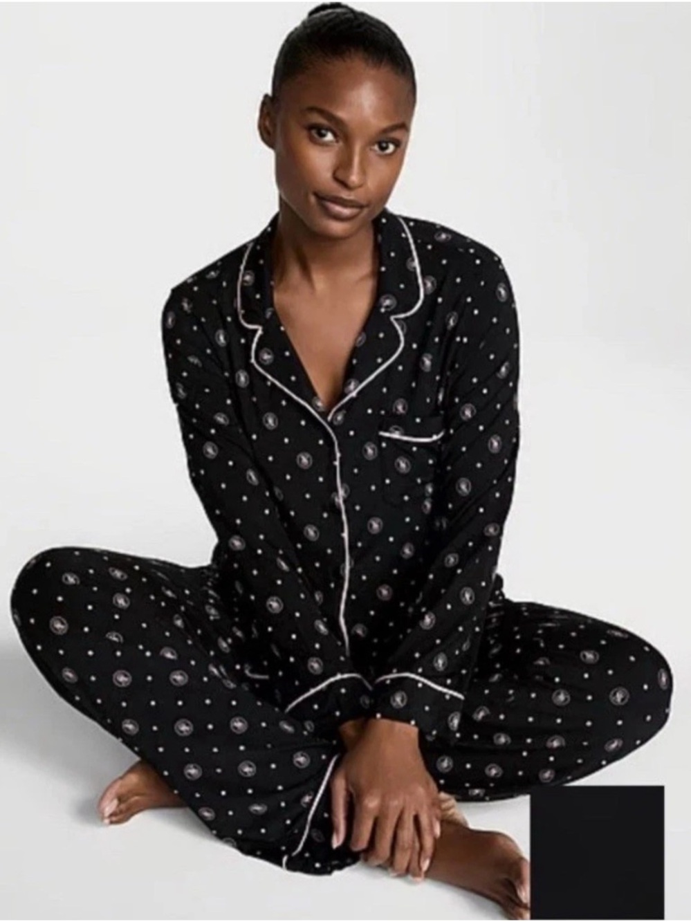 Victoria’s Secret Pajama Set Pants & Top Black Vs Logo Dot Modal Sm NWT Lounge